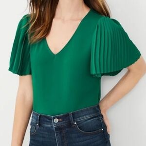 Ann Taylor Crepe Mixed Media Pleated Sleeve Top Evergreen